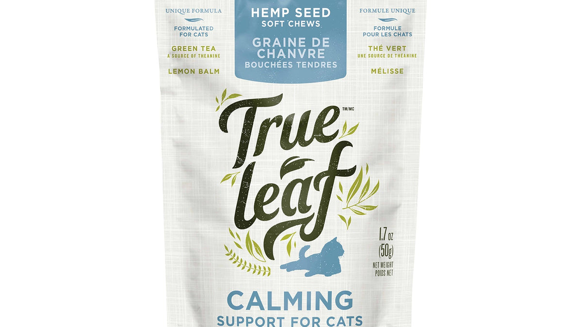Trueleaf Calming Support chews for cats, 50 g pouch, front of pack.