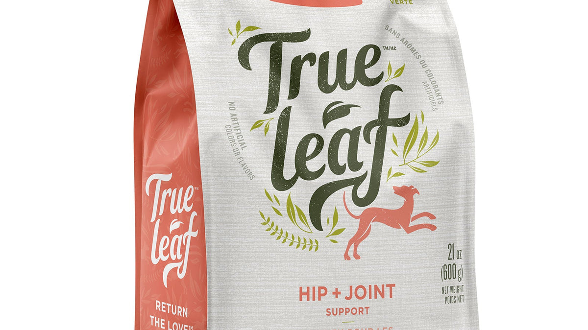 Trueleaf Hip + Joint Support chews for dogs, 600 g pouch, front of pack.