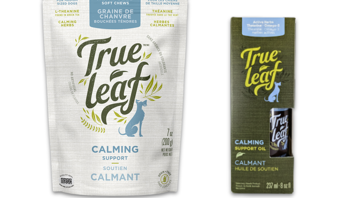 A bag of Trueleaf Calming Support chews beside a bottle of Trueleaf Calming Support oil, the two formats side by side