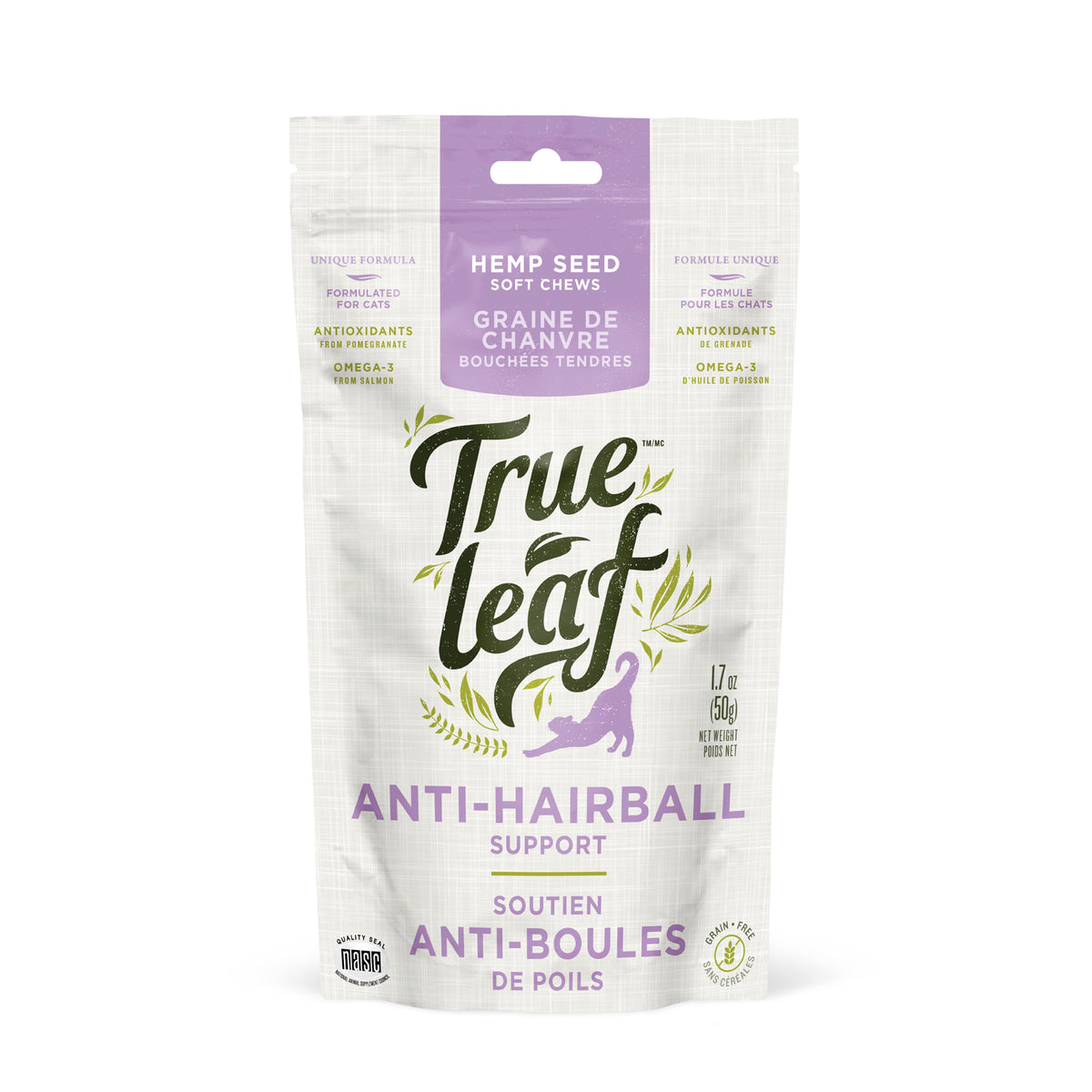 Front of the Trueleaf Hairball Support chews for cats pouch, white and green, with cat photography and product details.