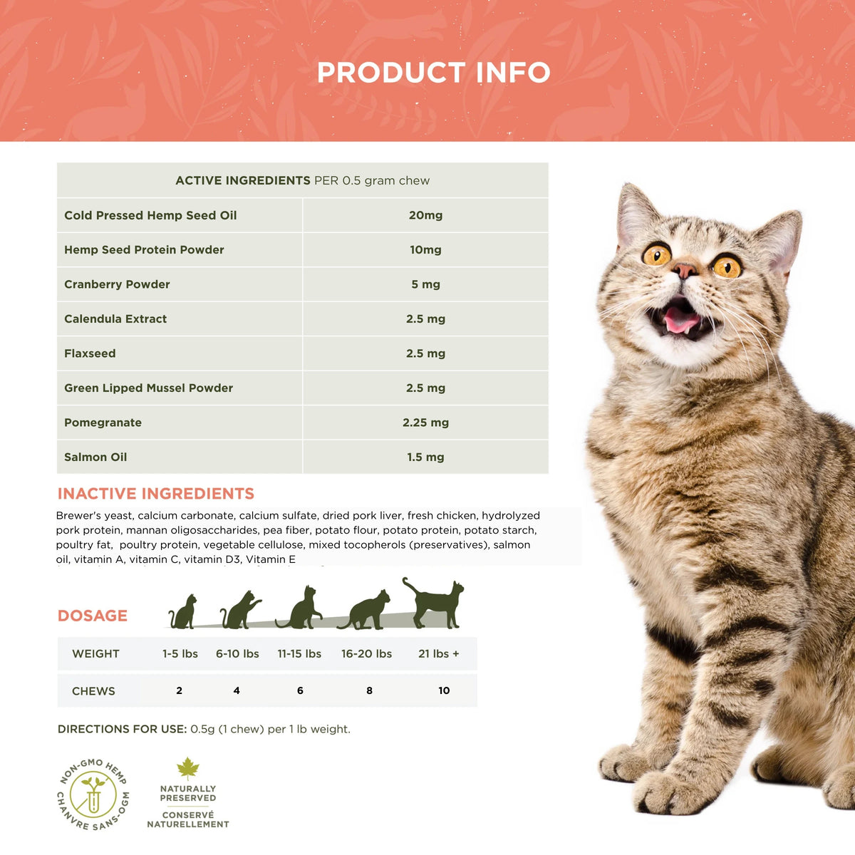 Cat treat product info panel showing full ingredient list, dosage chart, and directions for use