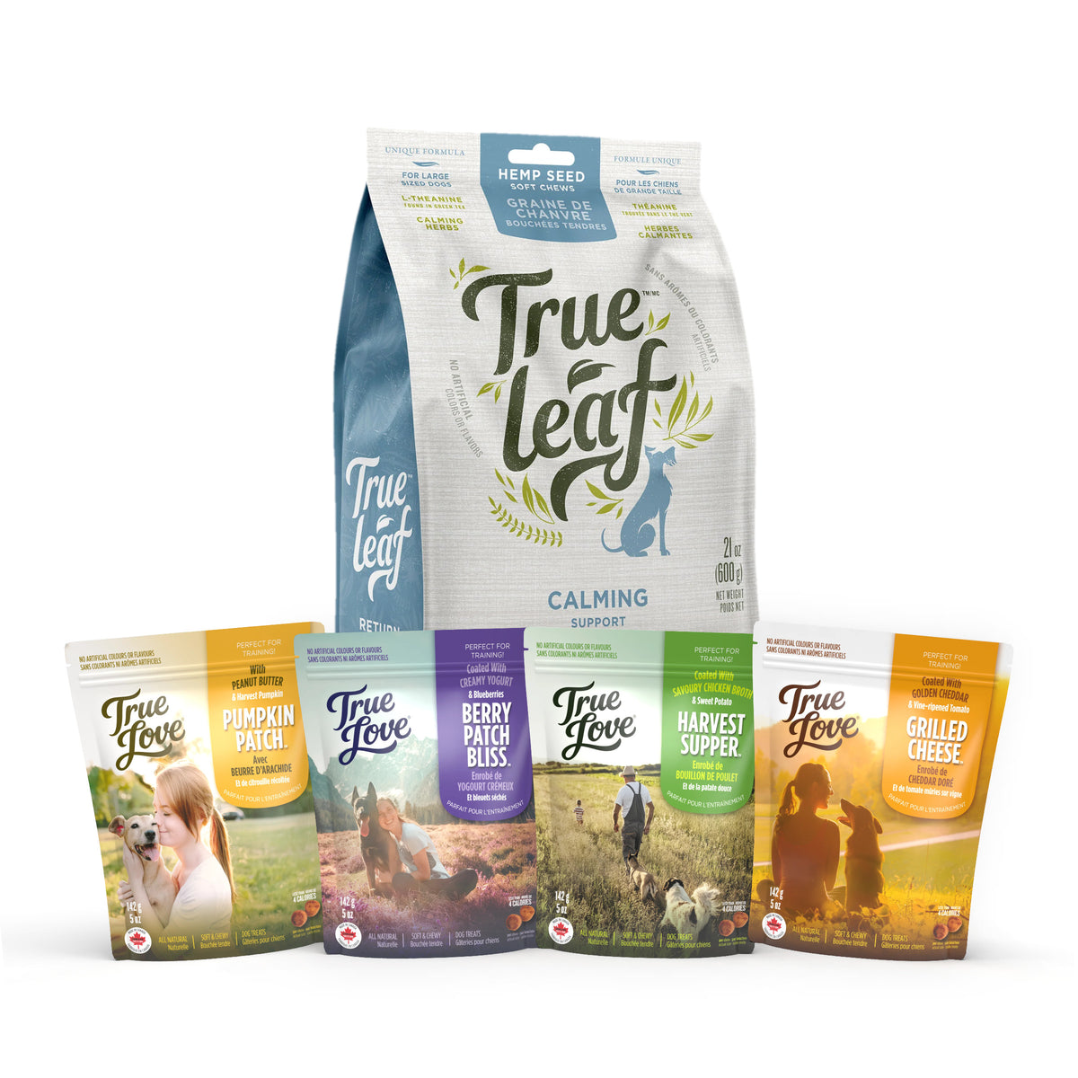 Trueleaf Calm and Treat bundle: a 600 g Calming Support chews pouch behind four bags of True Love treats, Pumpkin Patch, Berry Patch Bliss, Harvest Supper and Grilled Cheese.