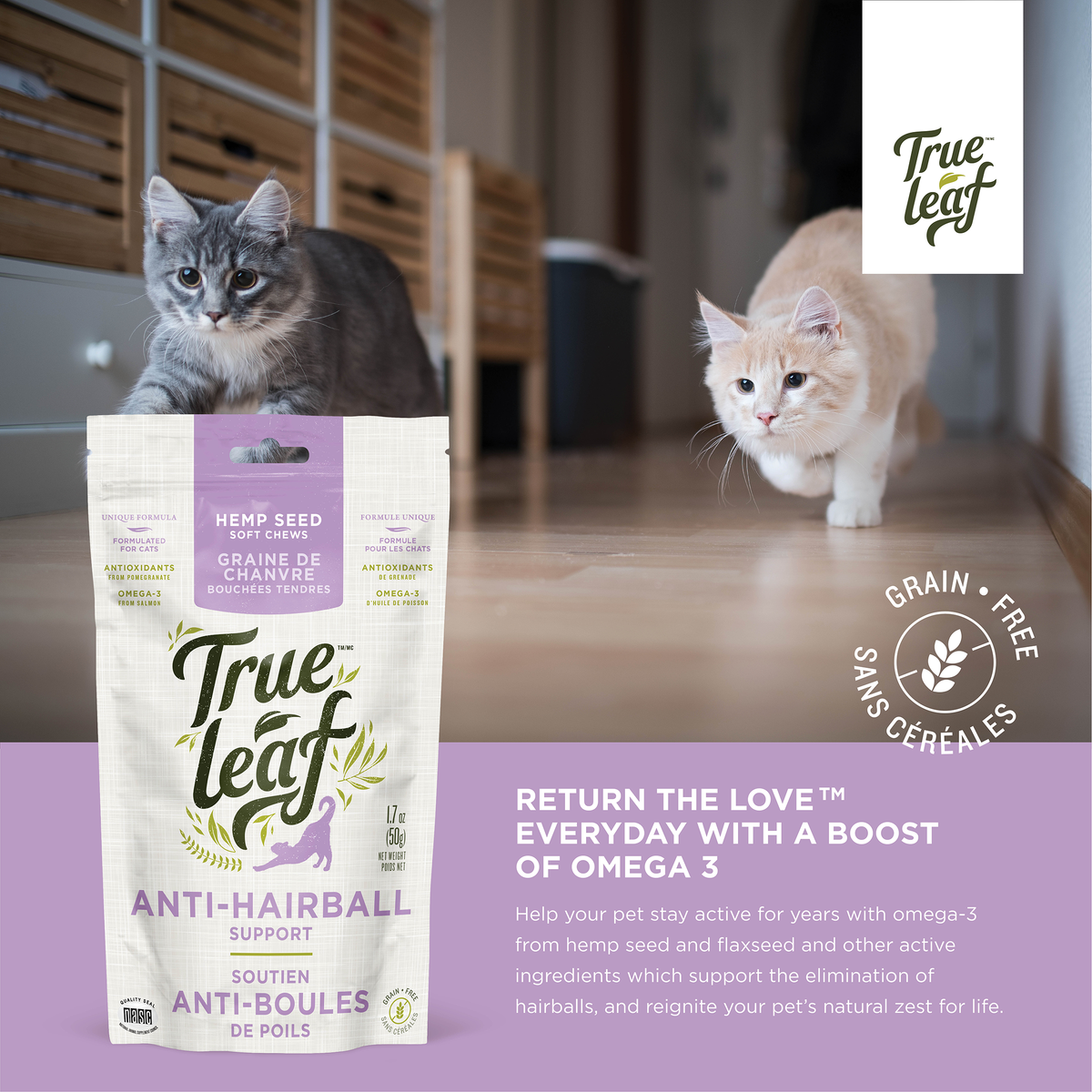 Information panel for Trueleaf Hairball Support chews for cats, naming Omega-3 from hemp seed and flaxseed.