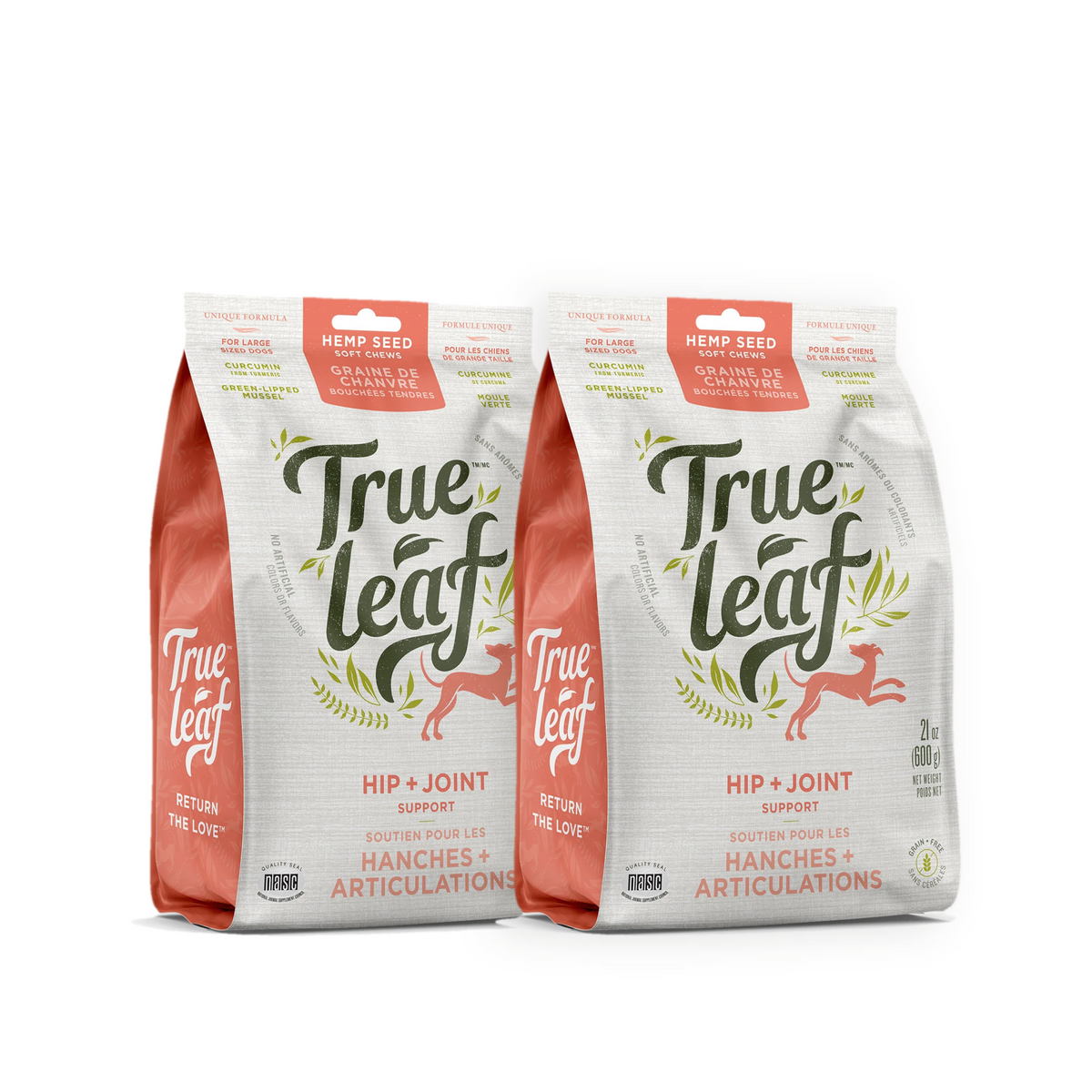 Two 600 g bags of Trueleaf Hip and Joint Support soft chews for dogs