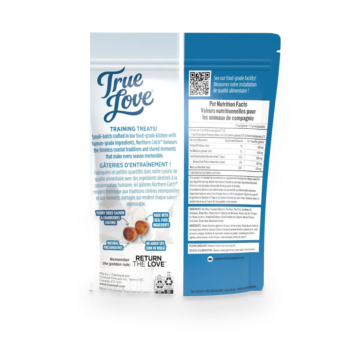 Back of bag for Northern Catch True Love dog treats with salmon and cranberries