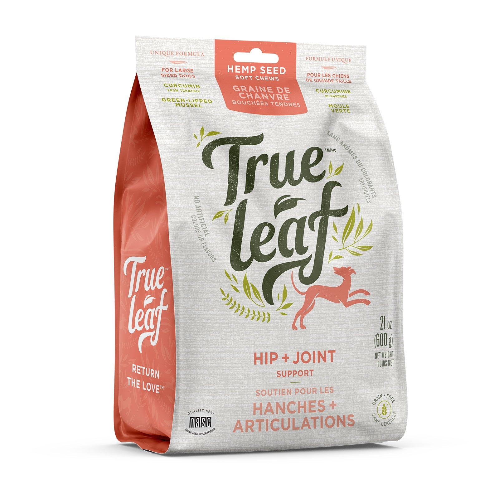 Trueleaf Hip + Joint Support chews for dogs, 600 g pouch, front of pack.