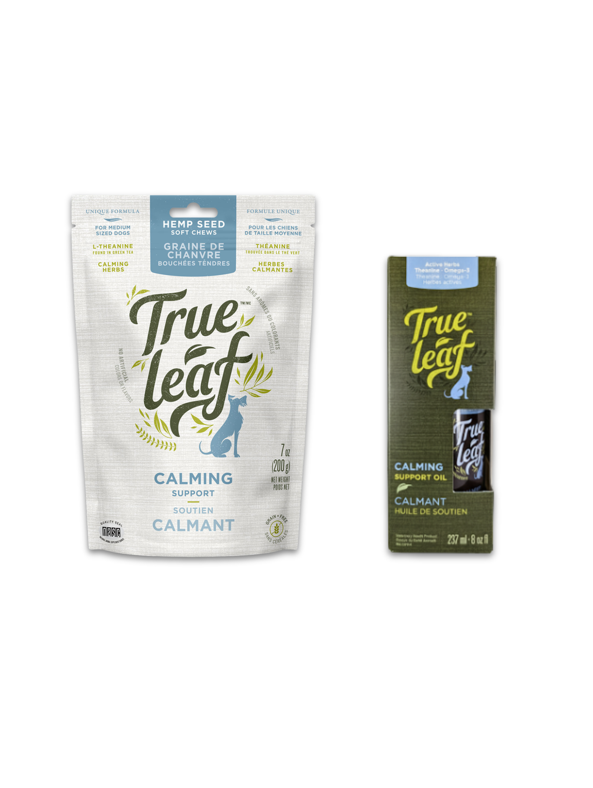 A bag of Trueleaf Calming Support chews beside a bottle of Trueleaf Calming Support oil, the two formats side by side
