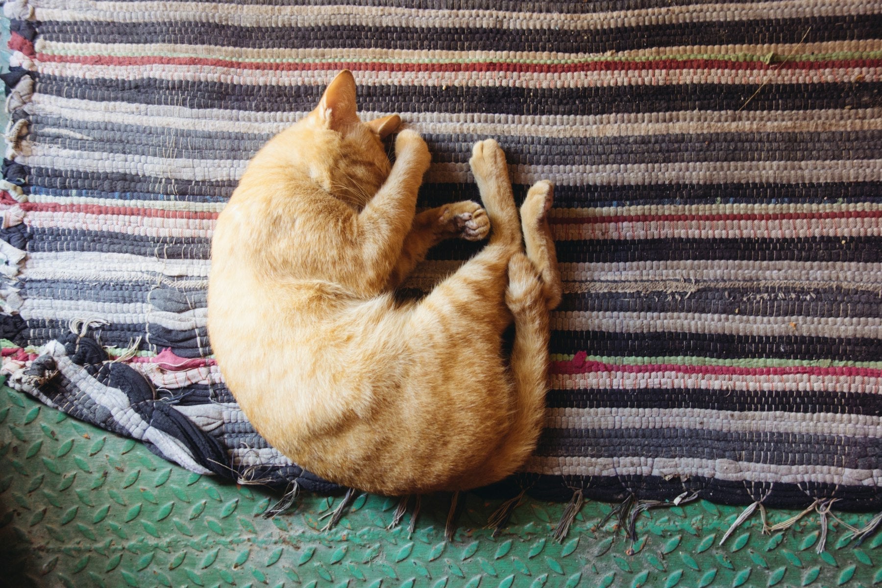 An adult ginger tabby cat stretched out asleep on a striped woven mat.