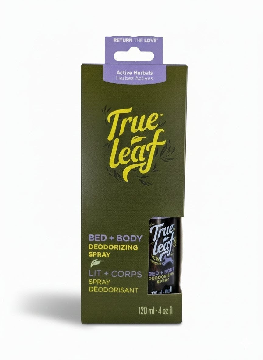 True Leaf pet bed and body deodorizing spray packaging on a white background