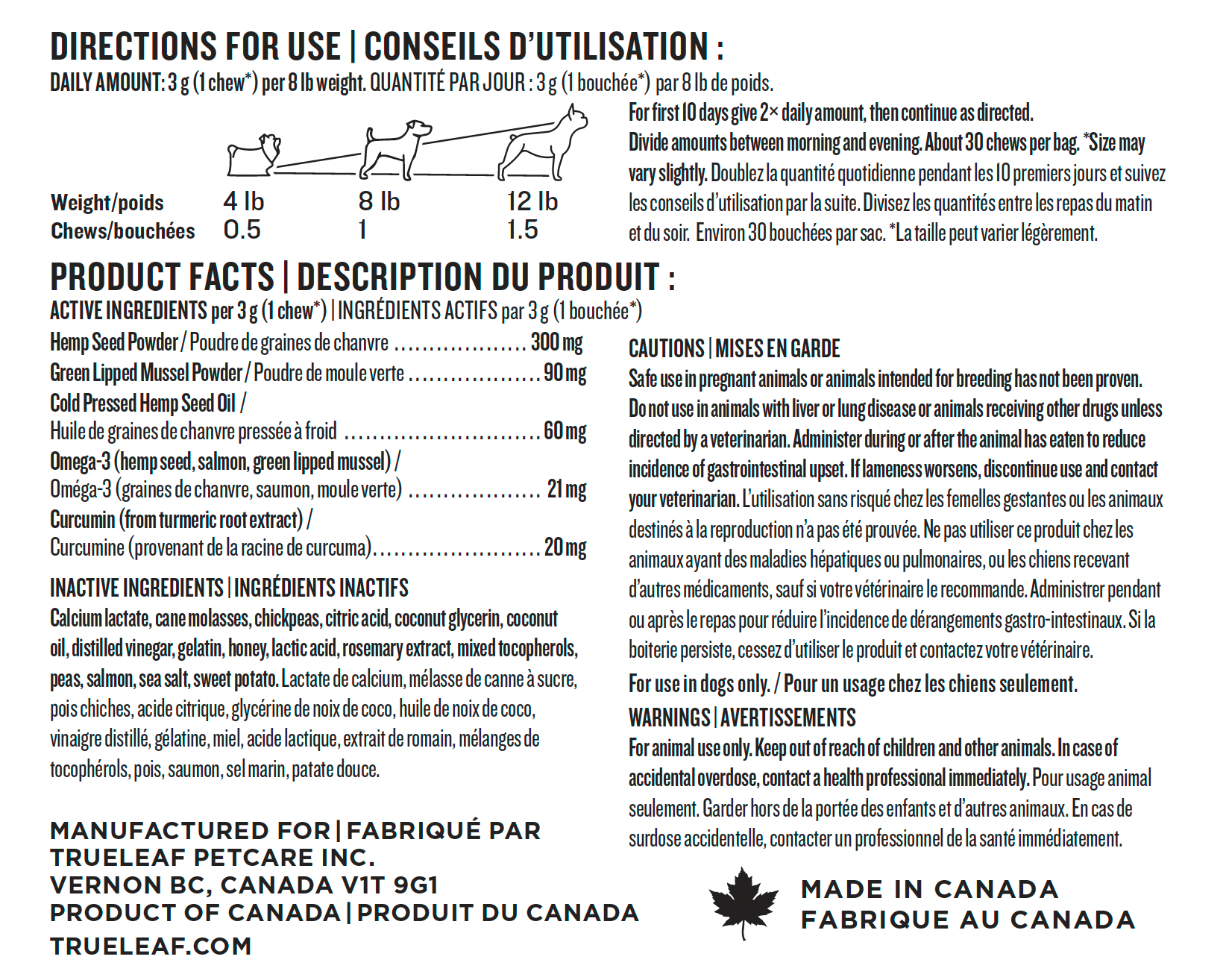 Product label with directions for use, product facts, and manufacturing information for a pet supplement.