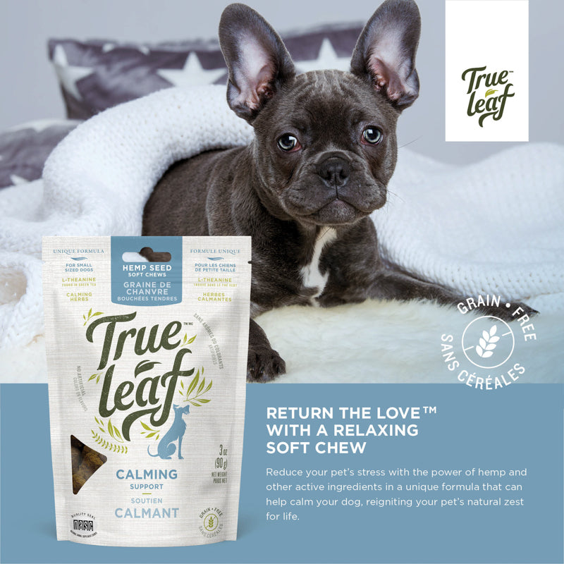 Information panel for Trueleaf Calming Support chews for dogs, 90 g, naming hemp seed and the other active ingredients.