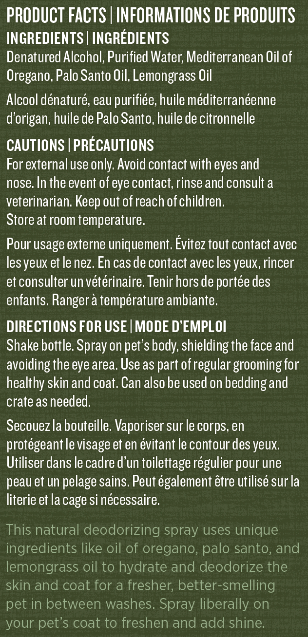 Pet deodorant spray product label with text on a green background