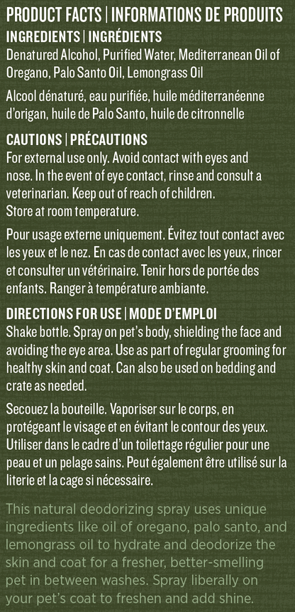 Pet deodorant spray product label with text on a green background