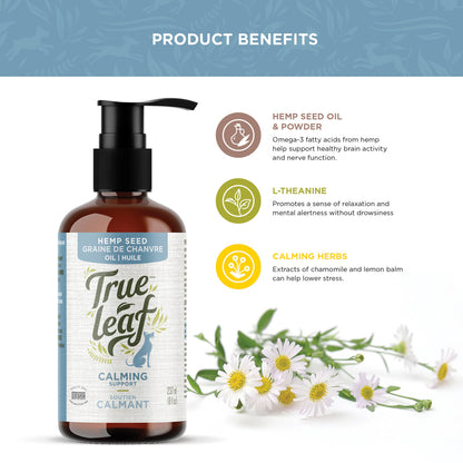Trueleaf calming oil food topper product benefits from hemp seed, l-theanine, and herbs