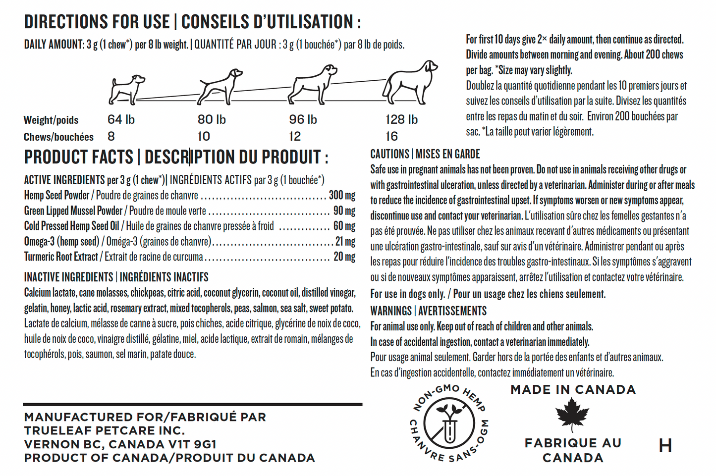 Dog supplement label with directions for use, product facts, and branding information.