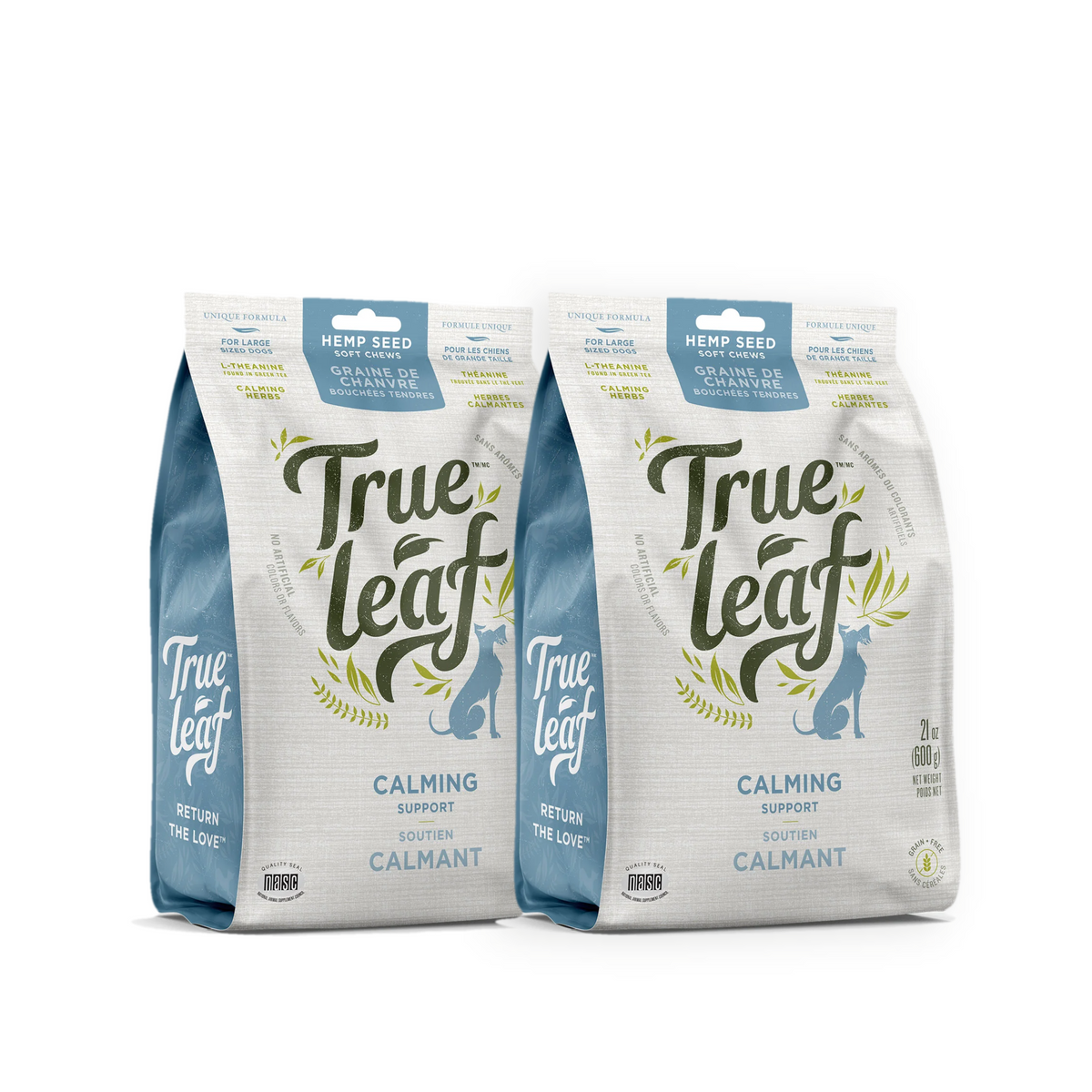 Two 600 g bags of Trueleaf Calming Support soft chews for dogs