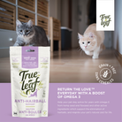 Information panel for Trueleaf Hairball Support chews for cats, naming Omega-3 from hemp seed and flaxseed.