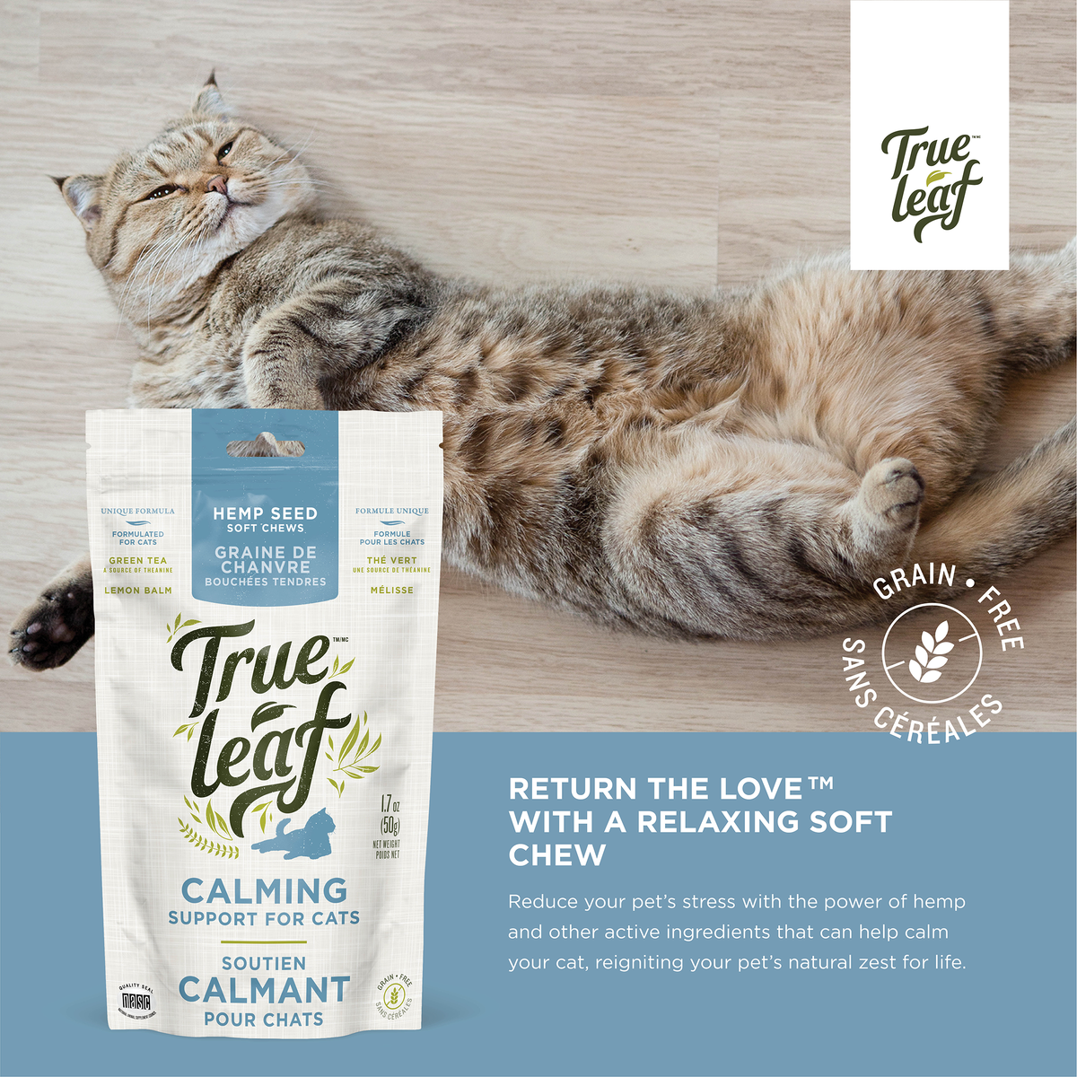 Information panel for Trueleaf Calming Support chews for cats, naming hemp, L-theanine and lemon balm.