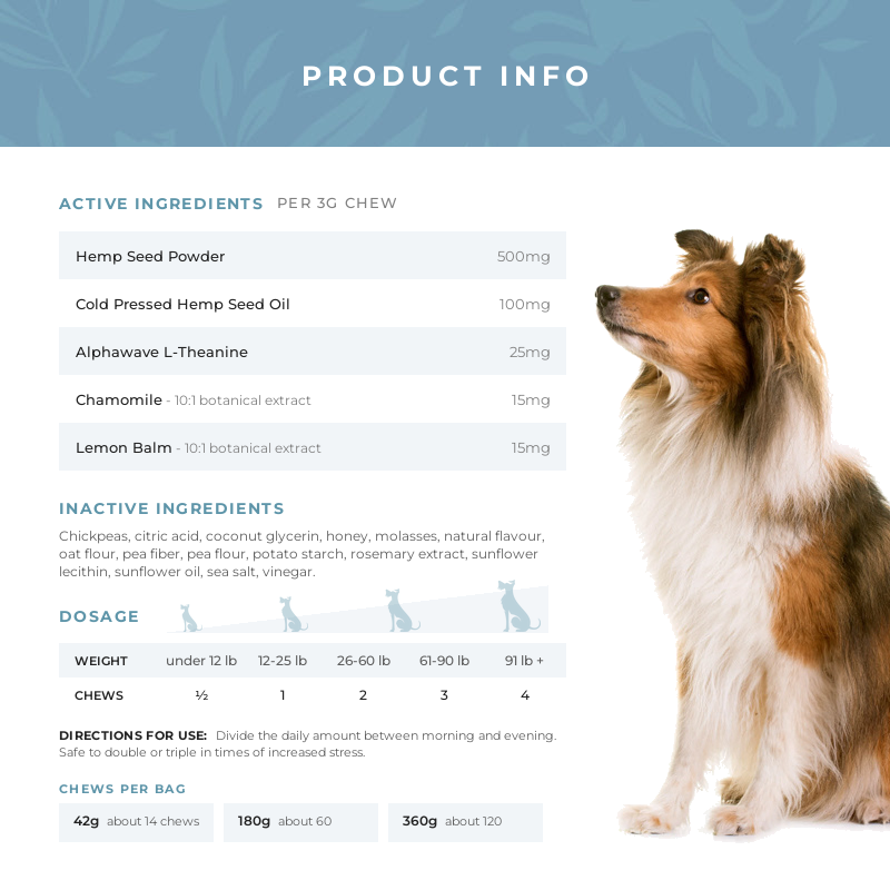 Calming Support Chews product info: active ingredients, inactive ingredients and dosage by weight