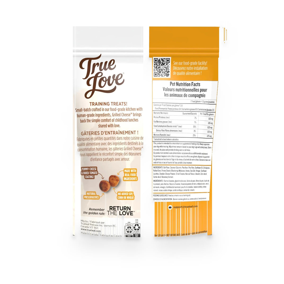 Back of bag for Grlled Cheese True Love dog treats