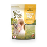 Bag of True Love dog treats with a girl hugging her dog on the front. Pumpkin Patch flavour - peanut butter and harvest pumpkin.