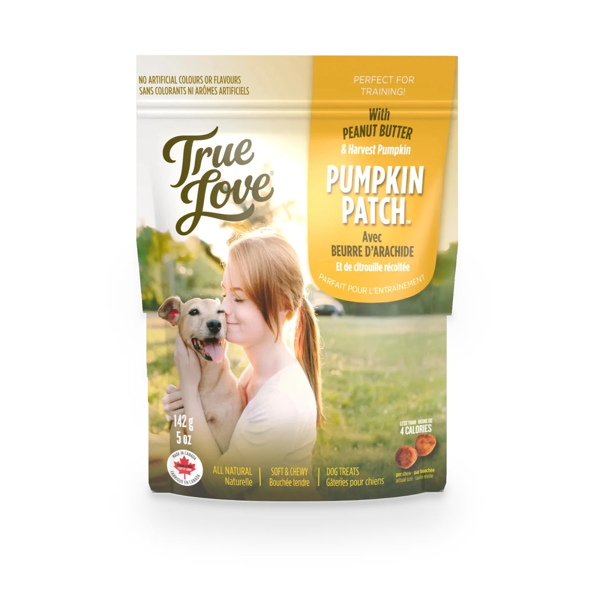 Bag of True Love dog treats with a girl hugging her dog on the front. Pumpkin Patch flavour - peanut butter and harvest pumpkin.