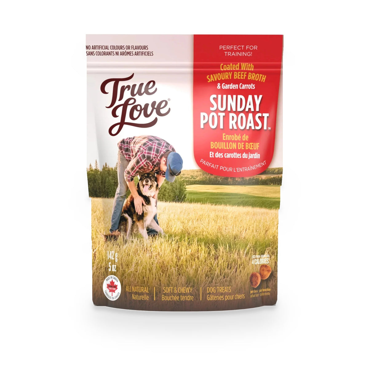 Bag of True Love dog treats with a scenic background. Sunday Pot Roast flavour - savoury beef broth and garden carrots.