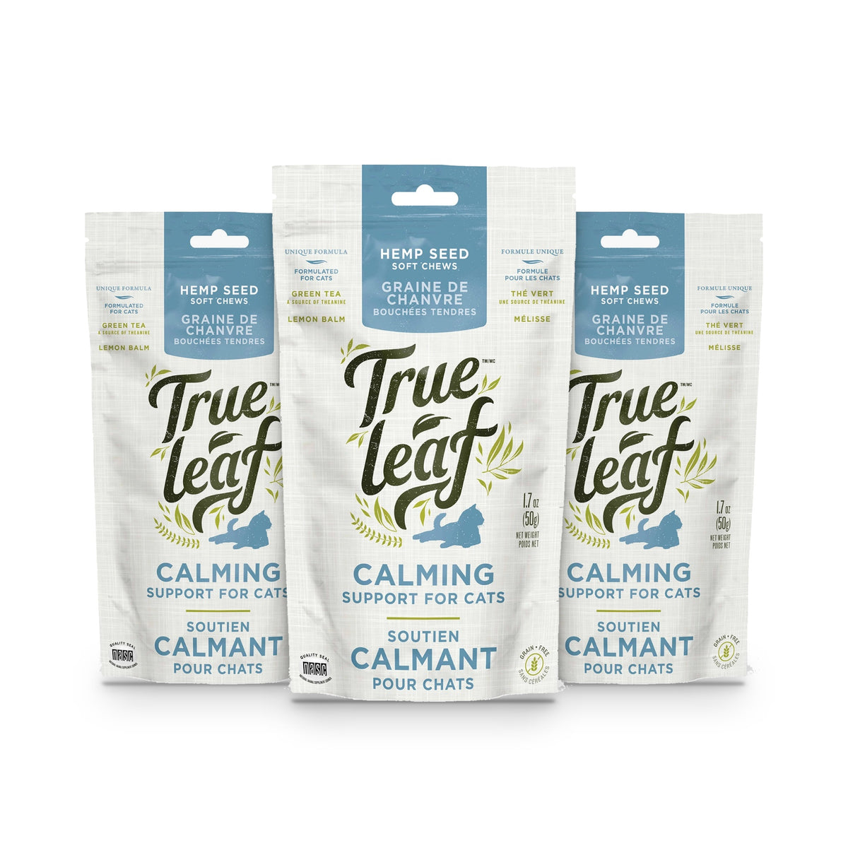 Three bags of Trueleaf Calming Support Chews for Cats, 50 g each